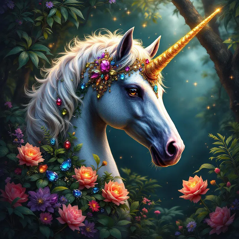 A mythical unicorn adorned with jewels in a lush jungle.