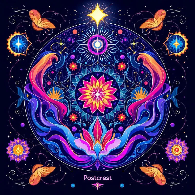 AI-generated spiritual design with Postcrest logo