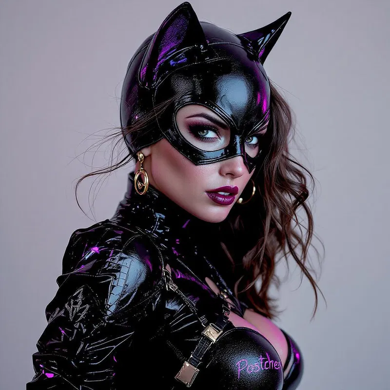 Postcrest logo with alluring catwoman image