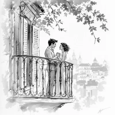 Storyboard sketch of a romantic scene