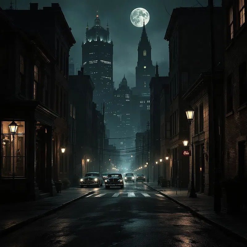 AI-crafted vintage film noir cityscape