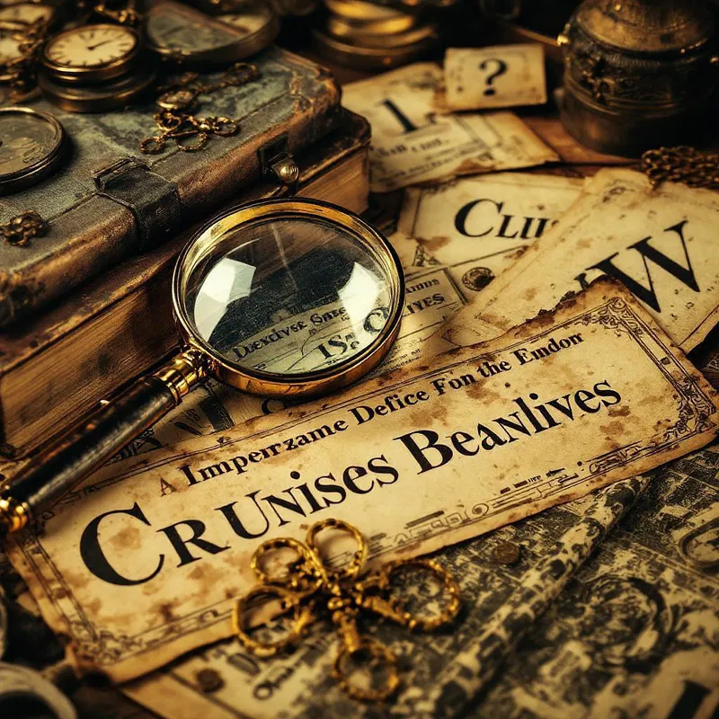 Detective novel cover with a magnifying glass and clues