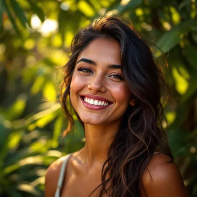 Smiling South American woman with tropical background