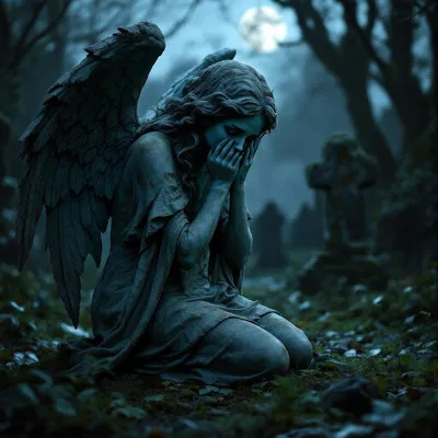 A sorrowful Gothic angel in a graveyard