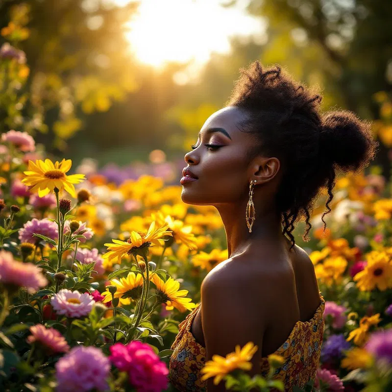 African woman surrounded by lush flora