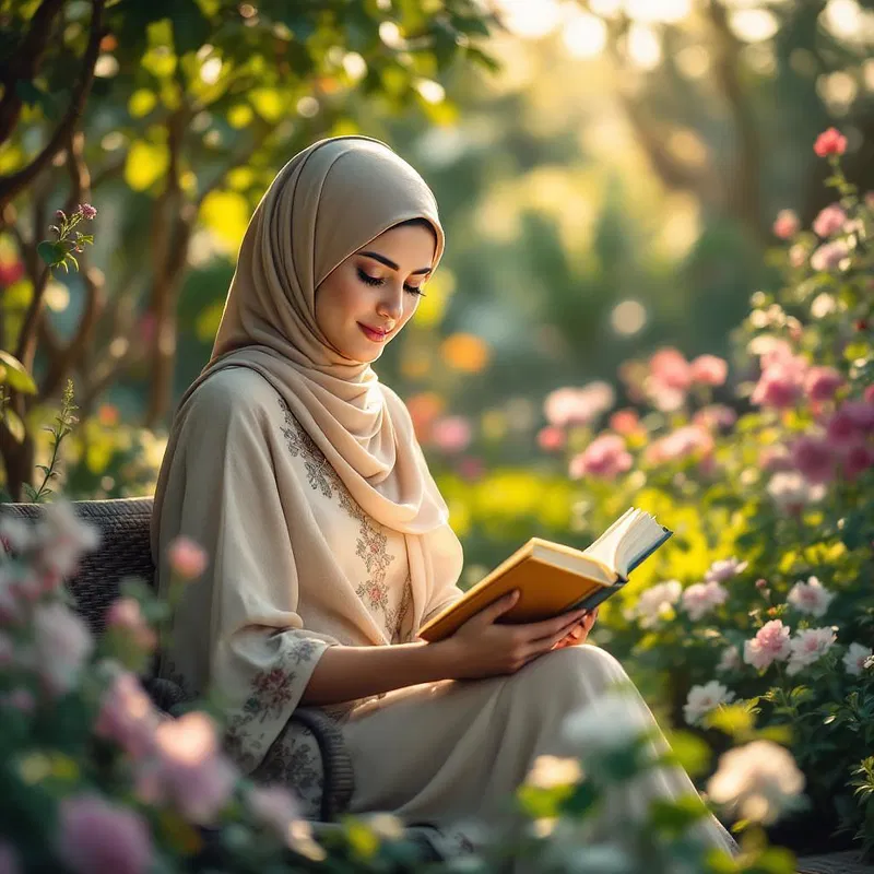 Middle Eastern woman reading in a garden