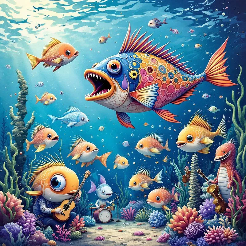 AI fantasy underwater concert with fish band