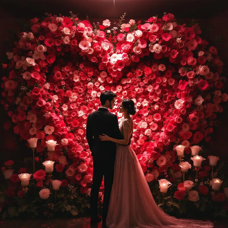 Valentine's couple with heart-shaped backdrop