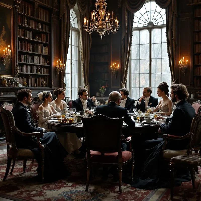 Period drama-style aristocratic meeting