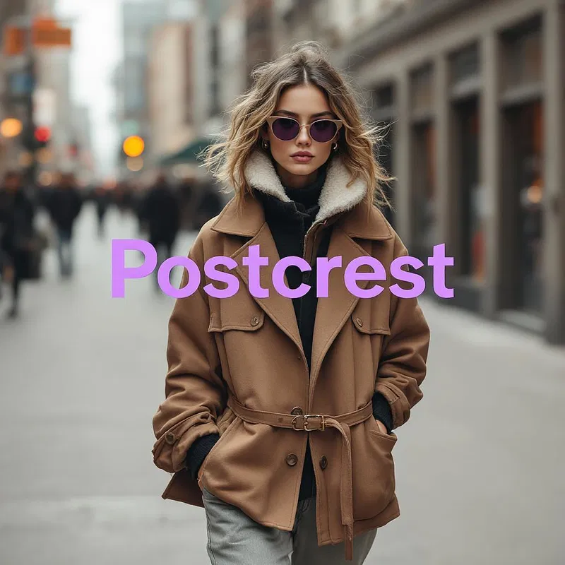 Street style fashion photo with AI-created elements and Postcrest logo