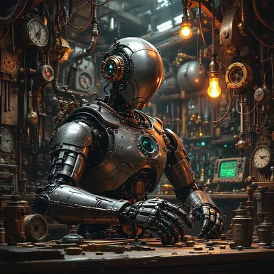 Steampunk robot in a workshop