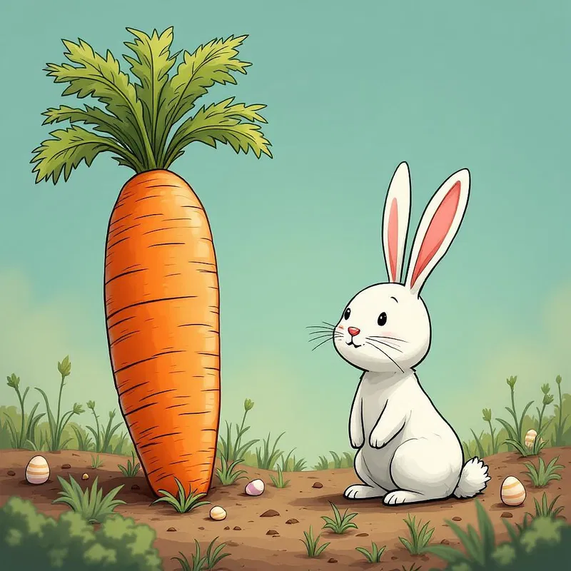 Easter bunny marveling at a giant carrot