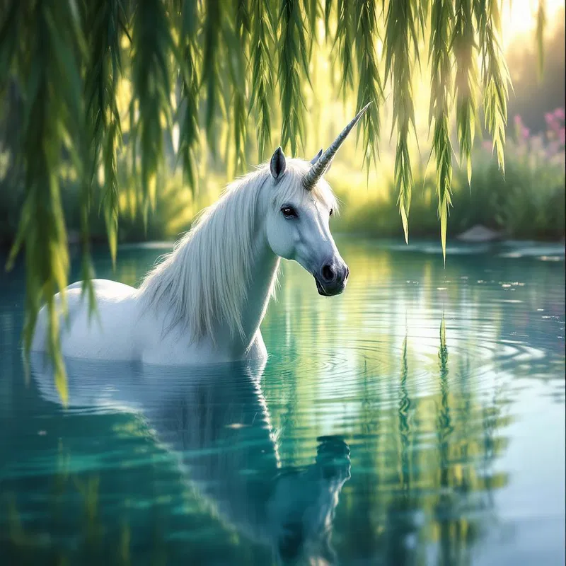 A unicorn gazing at its reflection in a crystal-clear pond beneath weeping willows.