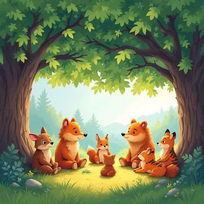 Talking animals in a forest illustration