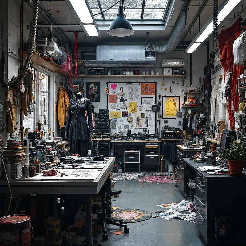 Cyberpunk-themed fashion studio scene with creative chaos.