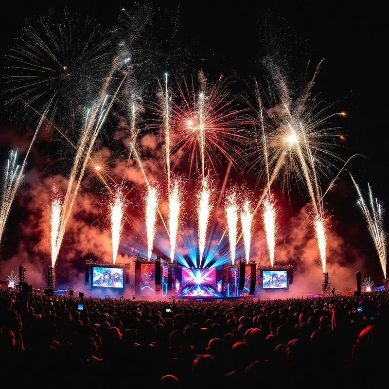 Spectacular fireworks at a music festival