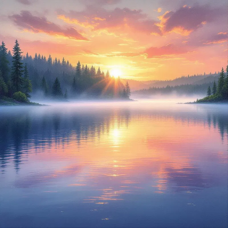 AI oil painting of a serene lake at sunrise