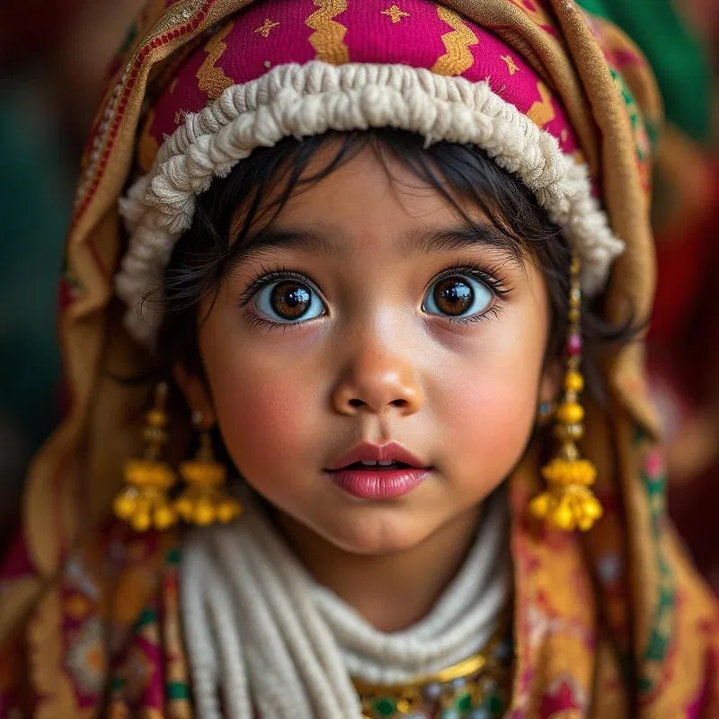 Hyperrealistic AI artwork of a child in traditional attire.