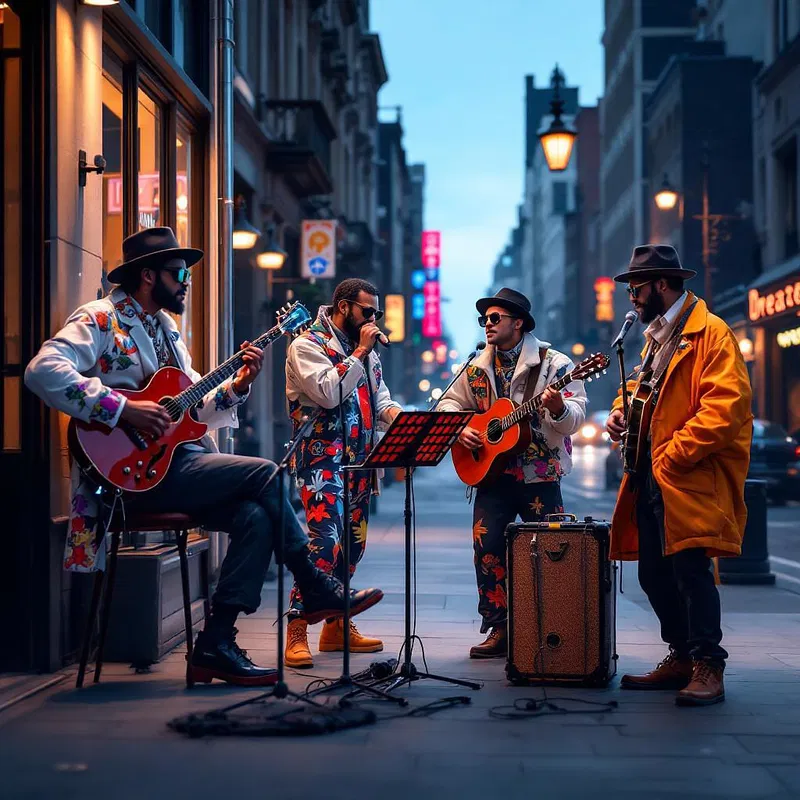 AI depiction of street musicians performing with eclectic fashion sense