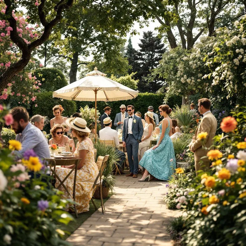 Old-money garden party scene