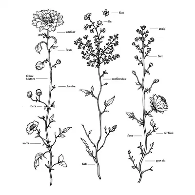 Line art illustration of a botanical study with labeled parts