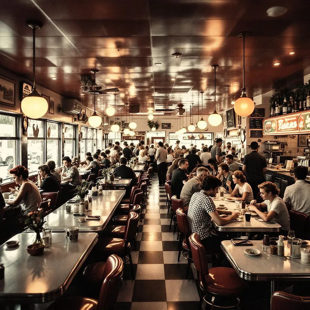 AI-generated image of a bustling 1950s diner interior