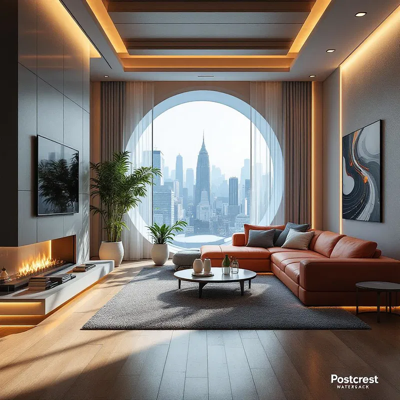 Futuristic home interior generated by AI with Postcrest watermark.