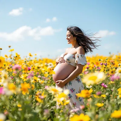 Pregnant woman in a field of wildflowers