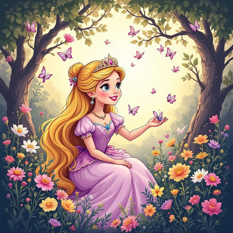 Cartoon princess in an enchanted garden.