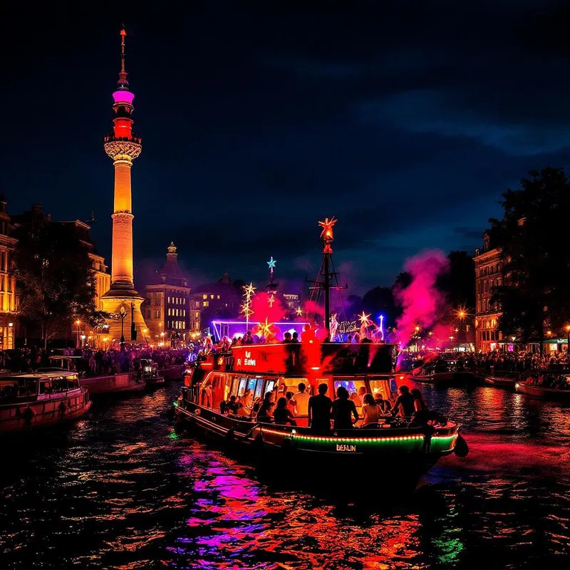 Cruising party boats on Berlin's River with music and lights