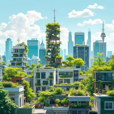 Green city skyline with lots of vegetation.