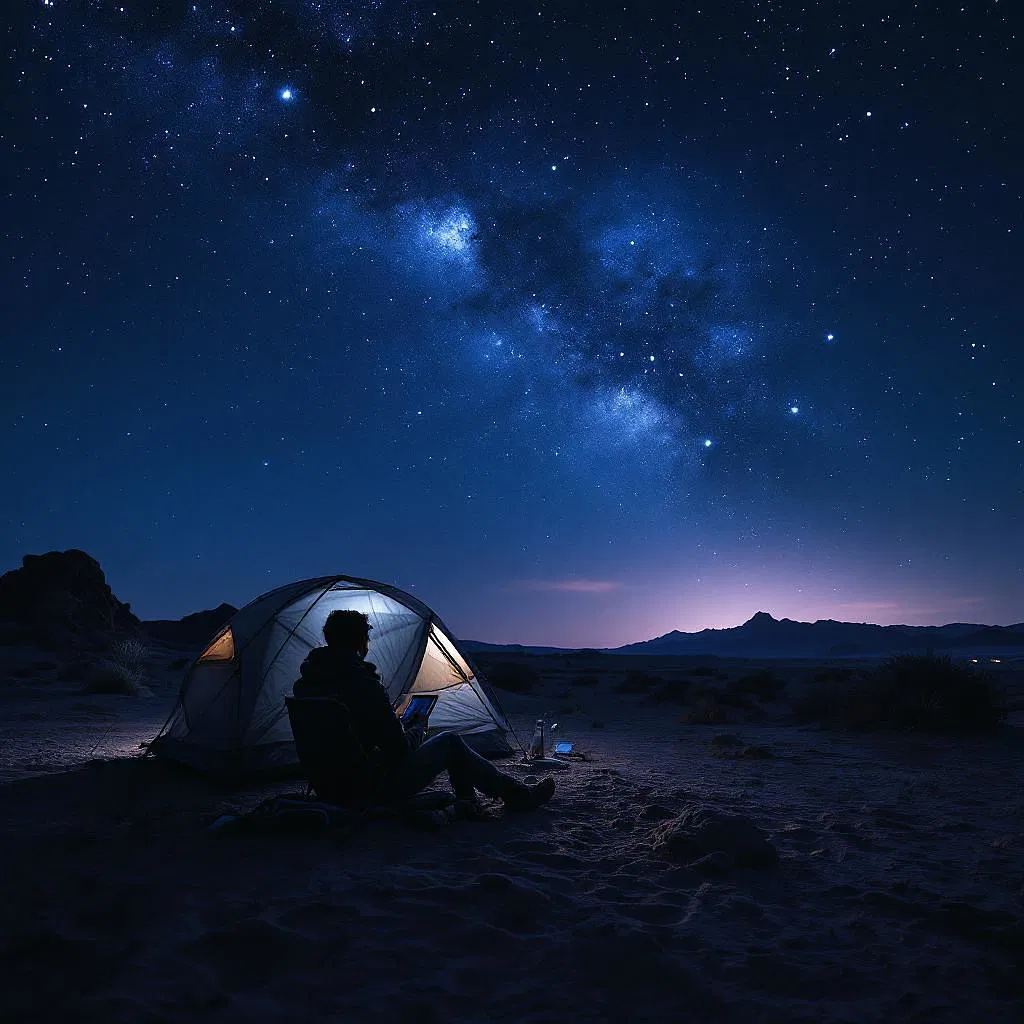 Digital nomad stargazing at a desert campsite