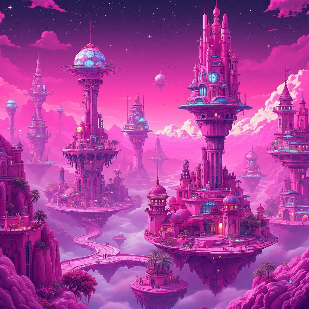 Pink fever cityscape with floating islands.