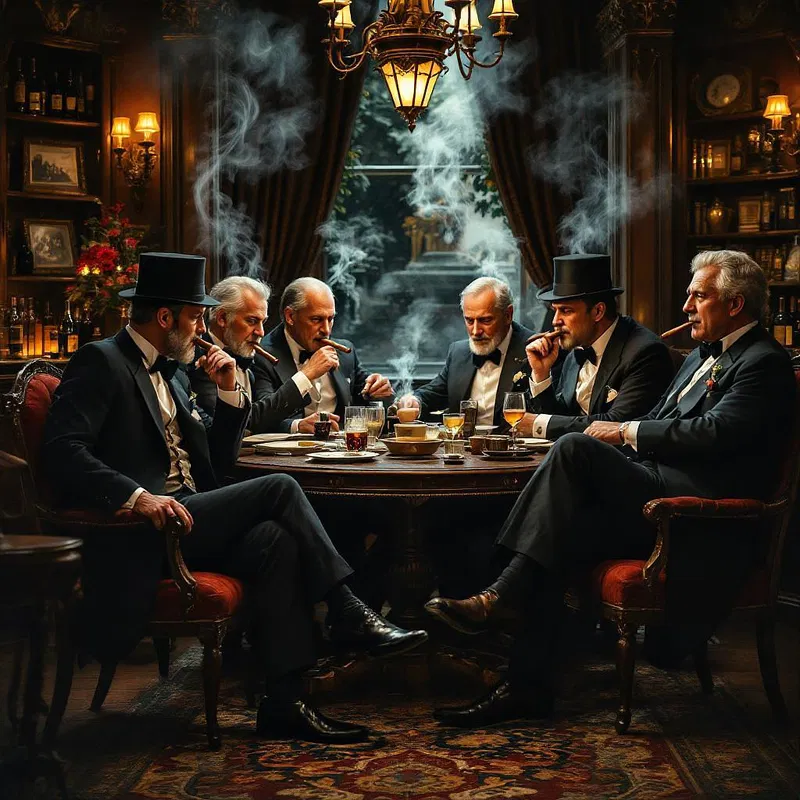 Old-money men's club setting with timeless fashion