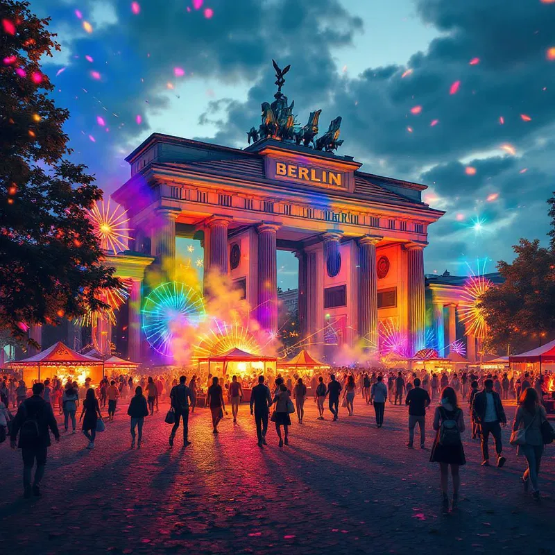 Colorful outdoor festivity in Berlin at night created by AI