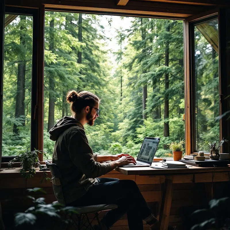 Digital nomad in a forest cabin workspace