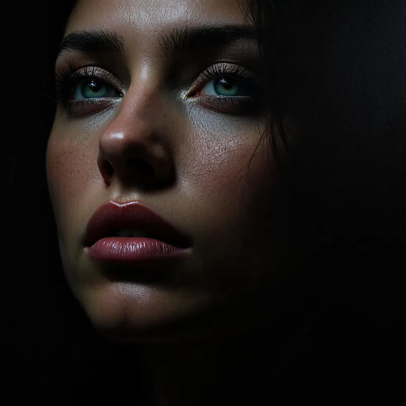 AI portrait of a woman with deep expression and dark background.