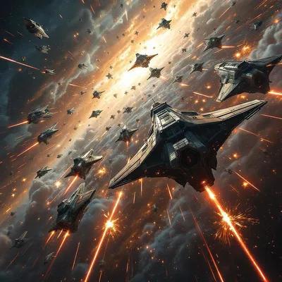 Spaceship battle scene in the depth of space