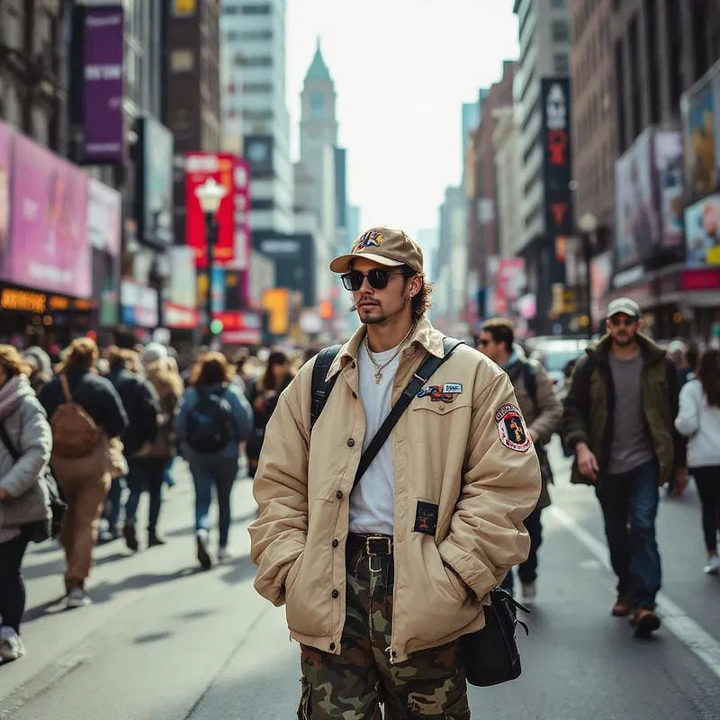 Urban street style picture capturing daytime city hustle with stylish pedestrians