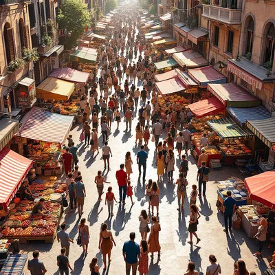 3D rendering of a bustling market street