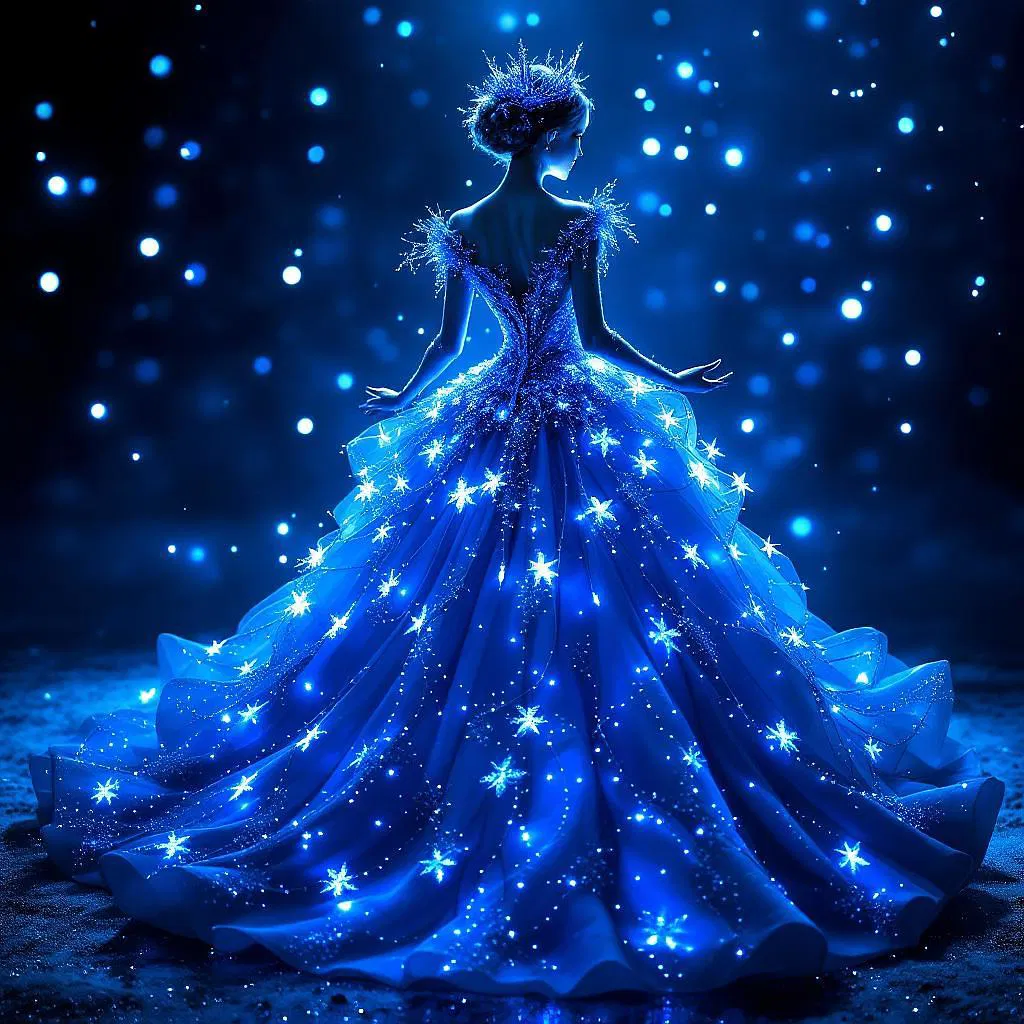 Ice queen Christmas gown with cascading blue lights