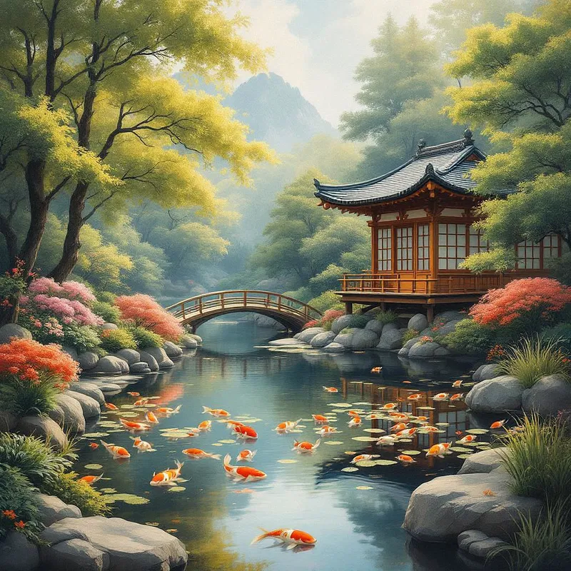 AI-generated oil painting of traditional Japanese garden