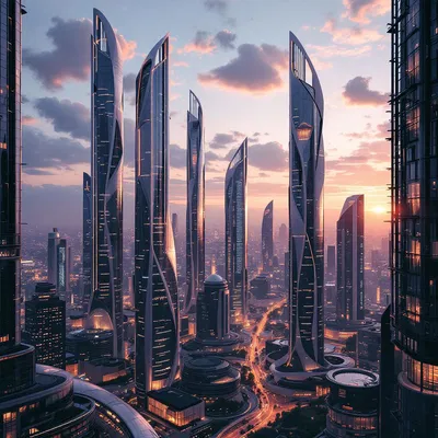 Futuristic cityscape at dusk