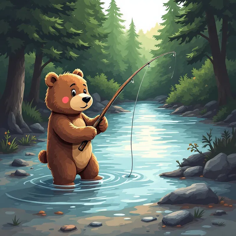 Cartoon bear fishing by the river.