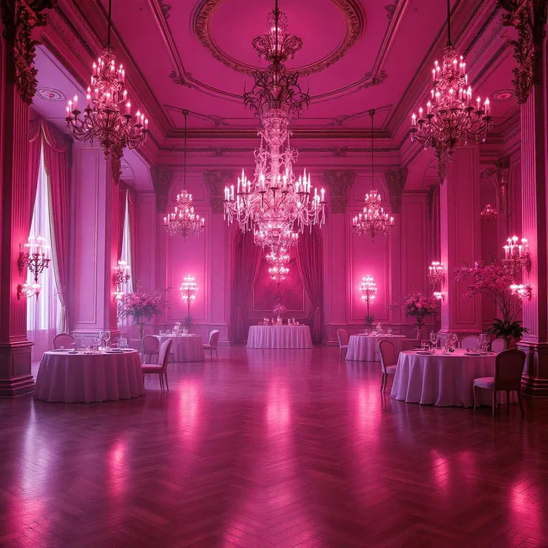 Opulent pink fever ballroom setting with chandeliers.