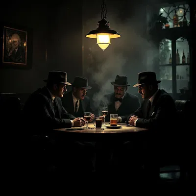 Mobster meeting in a dimly lit room