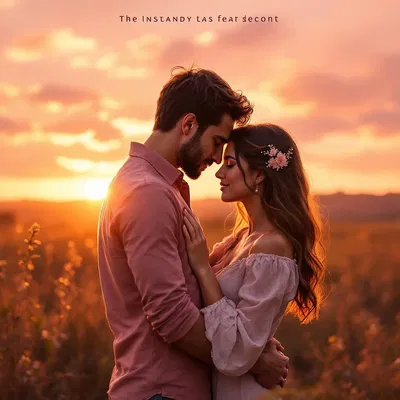 Romantic novel cover with a couple in a sunset backdrop