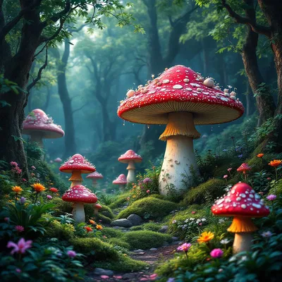 A whimsical forest with oversized mushrooms