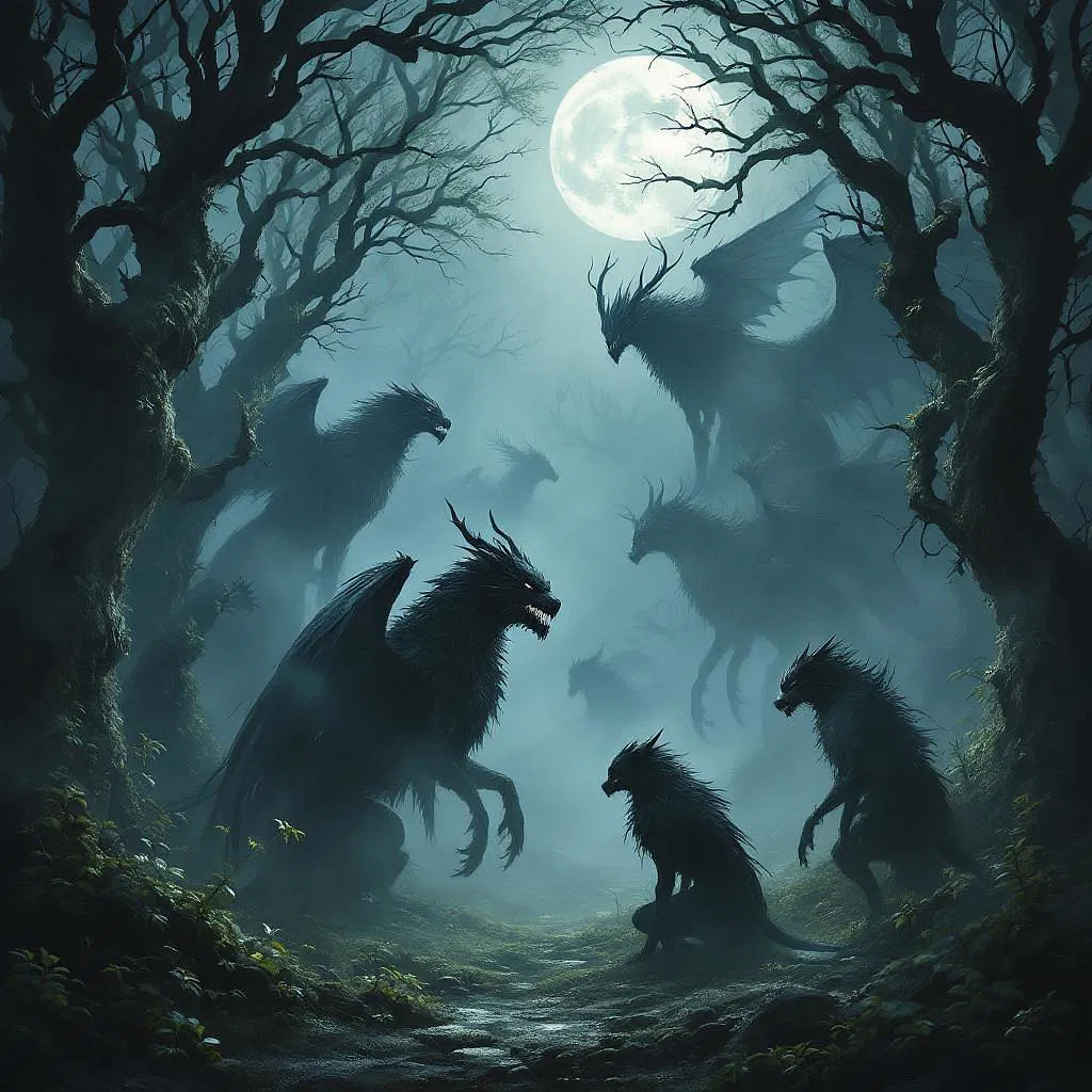 Gothic fantasy scene with mythical creatures