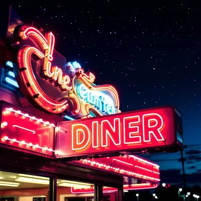 Neon sign of a 1950s diner glowing at night